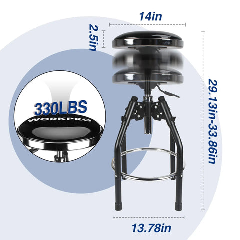Heavy Duty Adjustable Hydraulic Shop Stool With 360 Degree Swivel For Garage Bar Seating 29 To 33.86 Inch Height Black