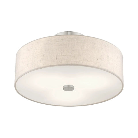 Meridian 3 Light Ceiling Mount Fixture in Brushed Nickel with Oatmeal Fabric Drum Shade Semi Flush Mount Lighting for Living Room Hallway or Dining Area Stylish Steel Frame Modern Classic Home Decor