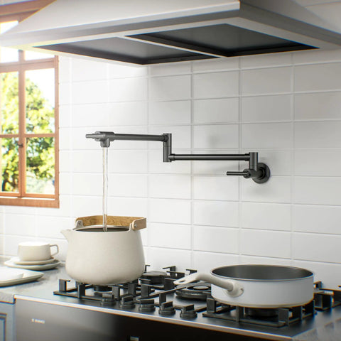 Slick Matte Black Brass Pot Filler Faucet Rock Solid Wall Mount Kitchen Cooktop Tap with water filling pot on gas stove.