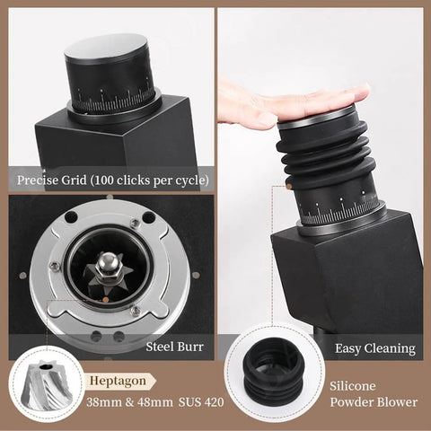 Single Dose Coffee Grinder Featuring Killer Cone Burr Precision And Variable Speed Controls with steel burr and easy cleaning features.
