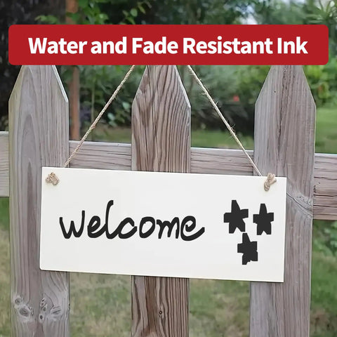 Wooden welcome sign with text written using Bulk 48 Count Permanent Markers With Dual Width Chisel Tips Quick Drying Waterproof Ink.