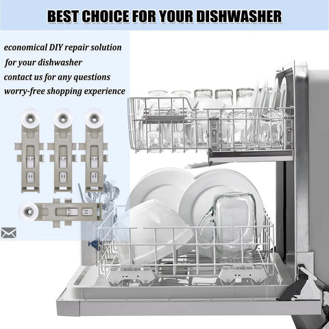 Open dishwasher with visible upper dishrack and Dishwasher Rack Wheels Upper Dishrack Roller Replacement Parts PS11769236 WP8575281 4-pack