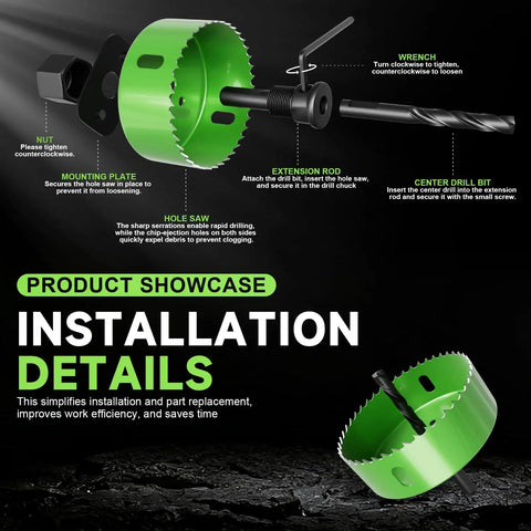 Installation guide for All In One 27 Piece Hole Saw Set Kit With High Carbon Steel Blades, highlighting components and assembly.