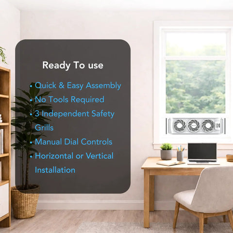 Triple Window Fan With Adjustable Thermostat, Three Speed High Velocity Cooling installed in a window near a desk