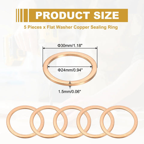 5 copper crush washers 24mm ID 30mm OD for automotive seals, shown in dimension chart, ideal for leak prevention and thermal conductivity.