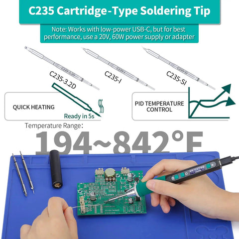 Person using Portable Soldering Iron Pen Kit With 65W PD QC Type C Power, Rapid 5 Second Heat Up on a circuit board.