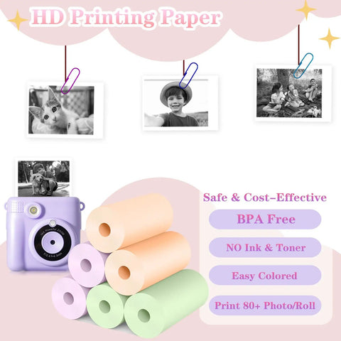 6 Rolls Kids Camera Instant Print Refill Paper Set For Kid Friendly Photo Fun, HD Thermal Paper Works With Most Kids Instant Cameras, Includes 2 Purple, 2 Green, 2 Orange Rolls, 2.2 Inch By 29.5 Foot Each, Prints 80 Plus Photos Per Roll. Purple, green and orange thermal paper rolls with kids camera and sample prints
