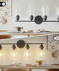 Dope Industrial Matte Black 3 Light Vanity Light Fixture For Bathroom With Clear Glass Shades Modern Farmhouse Over Mirror Bath Light ETL Certified Today, shown in on and off modes over a decorative table.