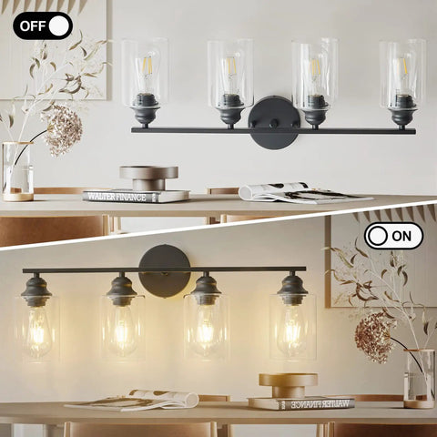 Dope Industrial Matte Black 3 Light Vanity Light Fixture For Bathroom With Clear Glass Shades Modern Farmhouse Over Mirror Bath Light ETL Certified Today, shown in on and off modes over a decorative table.