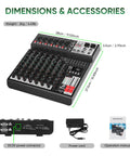 Dimensions and accessories of Eight Channel Audio Mixer Console For Pro Sound With 99 DSP Effects Seven Band EQ USB and Bluetooth