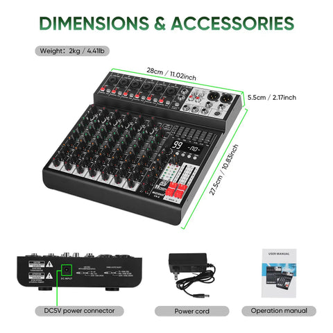 Dimensions and accessories of Eight Channel Audio Mixer Console For Pro Sound With 99 DSP Effects Seven Band EQ USB and Bluetooth