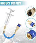 Oil and Dye Injector Kit for Car HVAC Systems, 30ml Hand Push Compressor showing quick coupler and SAE connector details