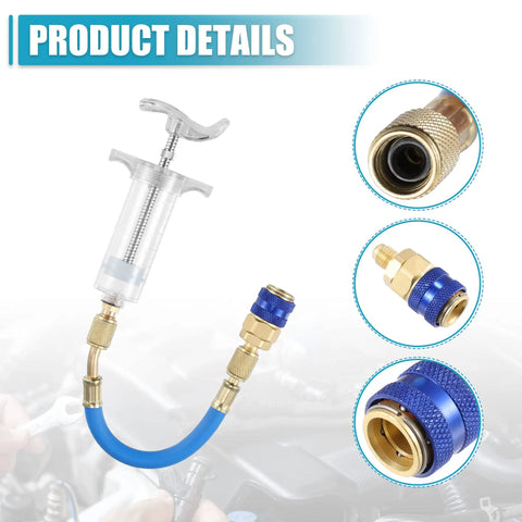 Oil and Dye Injector Kit for Car HVAC Systems, 30ml Hand Push Compressor showing quick coupler and SAE connector details