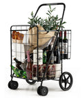 Jumbo Folding Shopping Cart On Swivel Wheels With Dual Basket, Heavy Duty Utility Cart loaded with groceries and plants.
