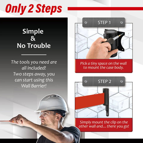 Wall Mount Retractable Belt Barrier With 9.2 Ft Red Belt In Sturdy Black Casing installation steps shown on tile wall