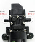 Close-up of 12 Volt Fresh Water Pump For RV Camper Boat And Lawn With Self Priming Diaphragm, showing inlet and outlet measurements.