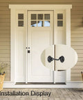 Stainless Steel Gate Hook and Eye Latch Screws for Door Window Shed Barn installed on a white front door.