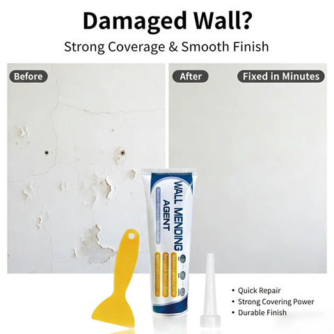 Before and after of a wall with Drywall Repair Kit With Scraper For Quick Hole And Crack Fix, Wall Patch Kit With Fast Dry Spackling Paste For Interior Walls, Sands Smooth And Paints Easy, Ideal For DIY Home Mending And Pro Grade Look Finishes, showing repaired surface and included tools.
