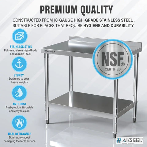 Pro Grade Heavy Duty Stainless Steel Prep Table 24 By 36 Inches With Undershelf And Backsplash NSF Certified Food Safe Commercial Kitchen Work Station