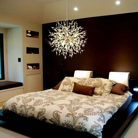 Lit Modern Firework Dandelion Sputnik Chandelier With 8 Lights Crystal Chrome Pendant Lighting For Dining Room Living Room Bedroom And Kitchen Adds Starry Night Sparkle And Luxury Vibe To Your Space over a modern bedroom