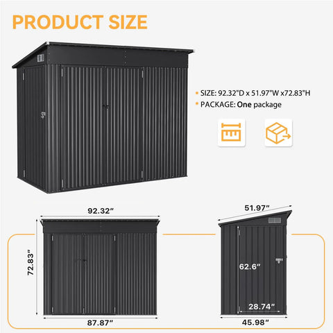 4x8 Outdoor Storage Shed With Triple Lockable Doors Sloping Roof Metal Cabinet dimensions and design diagram.