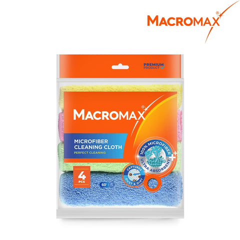 Macromax microfiber cleaning cloths, pack of 4 in assorted colors, ultra-absorbent reusable towels