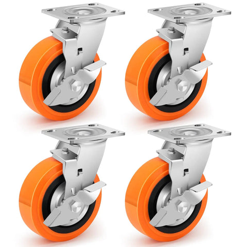 Six Inch Industrial Casters Set Of Four With Dual Ball Bearings And Polyurethane Wheels Heavy Duty 4500 Lbs Capacity Plate Swivel With Brakes