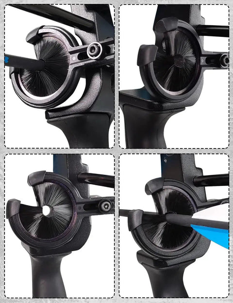 Fully Enclosed Brush Arrow Rest For Compound And Recurve Bow With Capture Style Option four views close-up detail