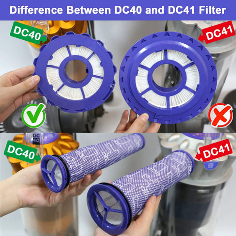 Comparison of DC40 and DC41 filters showing Two Pack Post Motor Filters And Two Pack Pre Motor Filters Replacement Set For Dyson DC40 Vacuum Models.