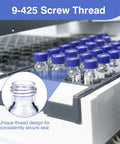 Premium Quality 100 Pack Blue 9 Mm Screw Thread HPLC Vial Caps Featuring Pre Slit PTFE Lined Septa That Pierces Like A Dream For Smooth Autosampler Action And Total Zero Hassle Lab Prep, displayed on vials in a lab setup.