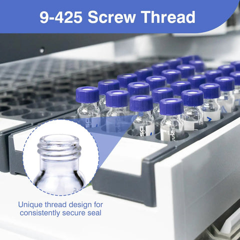 Premium Quality 100 Pack Blue 9 Mm Screw Thread HPLC Vial Caps Featuring Pre Slit PTFE Lined Septa That Pierces Like A Dream For Smooth Autosampler Action And Total Zero Hassle Lab Prep, displayed on vials in a lab setup.
