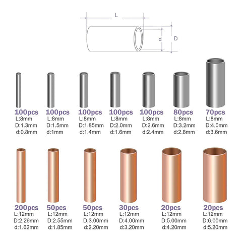 970Pcs Wire Ferrules Kit With Tinned Copper Crimp Connectors Non Insulated Cable End Terminals Assortment For Electrical Wiring sizes shown