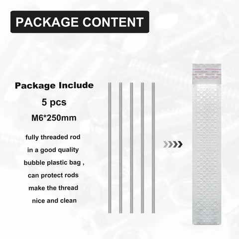 Package with 5 pieces of 250mm M6 1.0 Threaded Rods 304 Stainless Steel Right Hand Fully Threaded Screw Rods for lawn mower carburetor