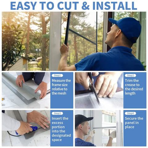 Installation steps of 304 Stainless Steel Mesh Roll 47In By 10Ft 20 Mesh Heavy Duty Screen for windows and doors shown.
