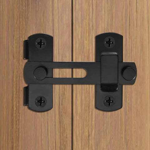 Four Pack Black Stainless Steel Sliding Barn Door Latches Featuring A 180 Degree Flip Bolt Setup And Hella Smooth Corrosion Resistant Coating For Super Solid Everyday Security That Keeps Your Home Locked And Loaded Always on wooden doors
