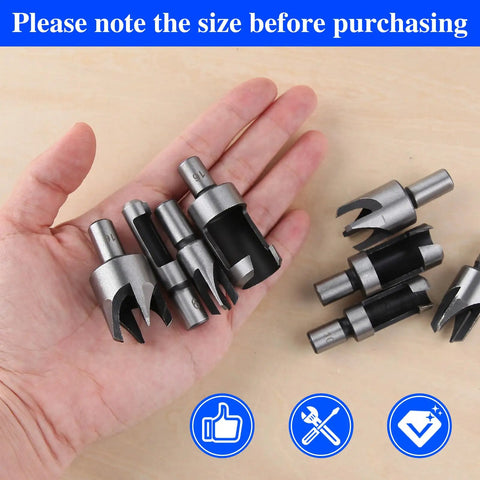Heavy Duty Carbon Steel Wood Plug Cutter Drill Bit Set With Slick Straight And Tapered Dowel Hole Saw Blades displayed in hand.
