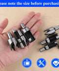 Badass Eight Piece Wood Plug Cutter Drill Bit Set With Straight And Tapered Heads For Perfect Dowel Plugs and Cork Holes In 1/4 To 5/8 Inches held in hand.