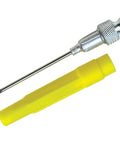 Grease injector needle with cap, stainless steel 18G, 2.5 in, yellow protective cap, side view