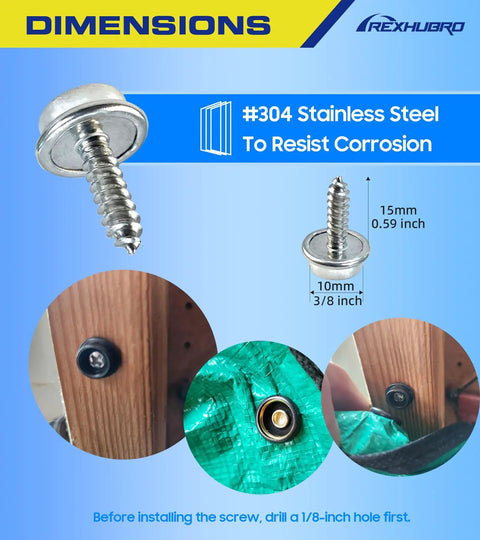 Close-up of 304 stainless steel screw from 350 Pcs Canvas Snap Kit Set Great Value With Stainless Steel Marine Grade Three Eighths Inch Snaps For Clothing Leather Fabric Canvas DIY Projects Heavy Duty Mixed Socket Cap Stud Post Screw Kit for installation.