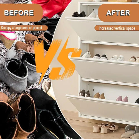 Before and after comparison of Slim 3 Flip Drawer Shoe Storage Cabinet, Hidden Narrow Wall Mount Metal Shoe Rack For Entryway, White, with shoes.