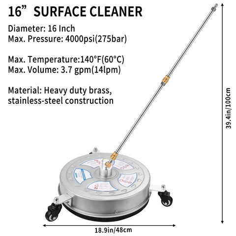 16 Inch Pressure Washer Surface Cleaner for 4000 PSI Power Washers with 1/4 Inch Quick Connect, stainless steel with wheels