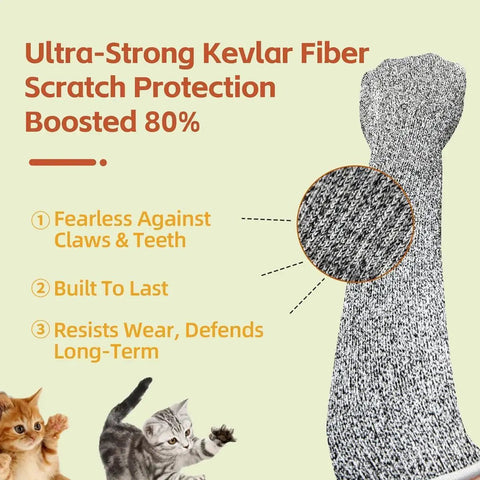 Ultra Flexible Pet Handling Sleeves With Kevlar Fiber For Scratch Resistant Protection During Cat Grooming Nail Trimming And Bathing Breathable High Dexterity Arm Guards 15.7 Inch One Pair shown with fabric close-up and protective features.