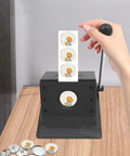 Round Punch Die Cutter 48.5mm Graphic Manual Badge Button Maker Card Cutting Machine with cartoon badge design in use