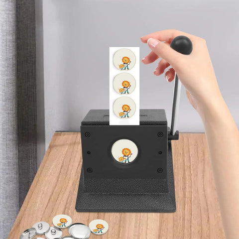 Round Punch Die Cutter 48.5mm Graphic Manual Badge Button Maker Card Cutting Machine with cartoon badge design in use