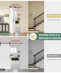 Comparison of a space-saving folding barn door with a traditional barn door, illustrating how the 72x84 Inch Bifold Barn Door For Closet Space Saving All In One Kit With Aluminum Track And Hardware, Four MDF Bifold Doors, 80 Inch Track Kit For Four Doors, Waterproof Panels, Pre Drilled Holes, Easy Assembly, White Finish provides more room.