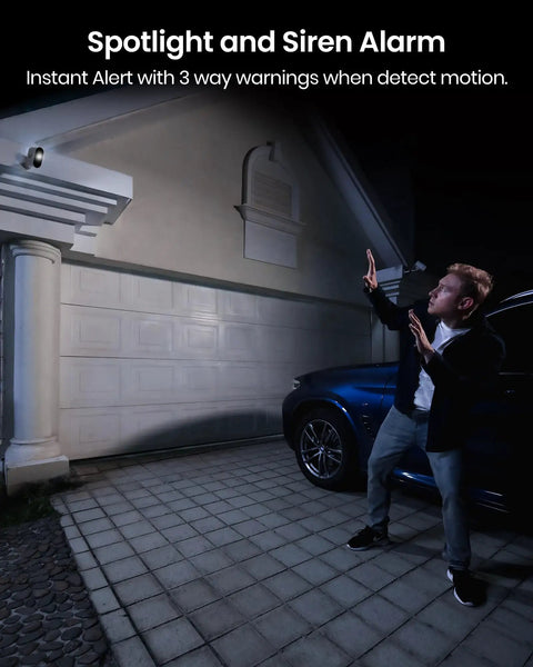 Wireless Outdoor Security Cameras System 5MP Ultra HD, 2 Camera Kit monitoring garage with spotlight and siren alarm at night