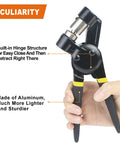 Person holding Heavy Duty Grommet Tool Kit 3/8 Inch Handheld Punch Pliers Set, highlighting hinge design and aluminum build.