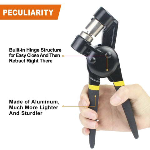 Person holding Heavy Duty Grommet Tool Kit 3/8 Inch Handheld Punch Pliers Set, highlighting hinge design and aluminum build.