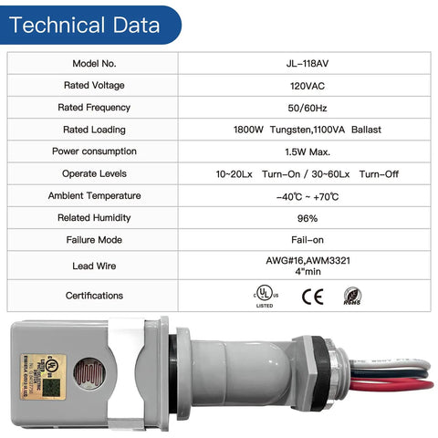 Outdoor Photoelectric Sensor Switch With Auto On At Dusk Off At Dawn, technical data and side view image