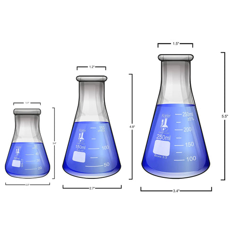 Three Erlenmeyer flasks from a Five Piece Narrow Mouth Erlenmeyer Flask Set in Borosilicate 3.3 Glass with blue liquid inside